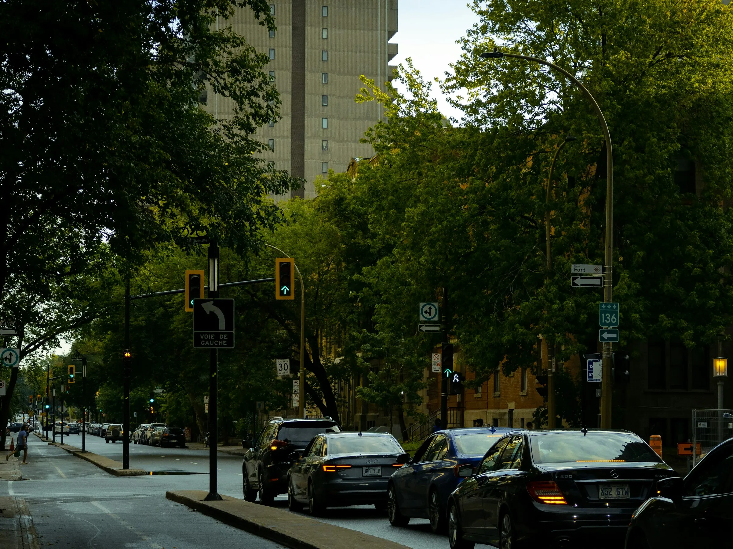 Rue de LaSalle bordée de hauts immeubles avec circulation