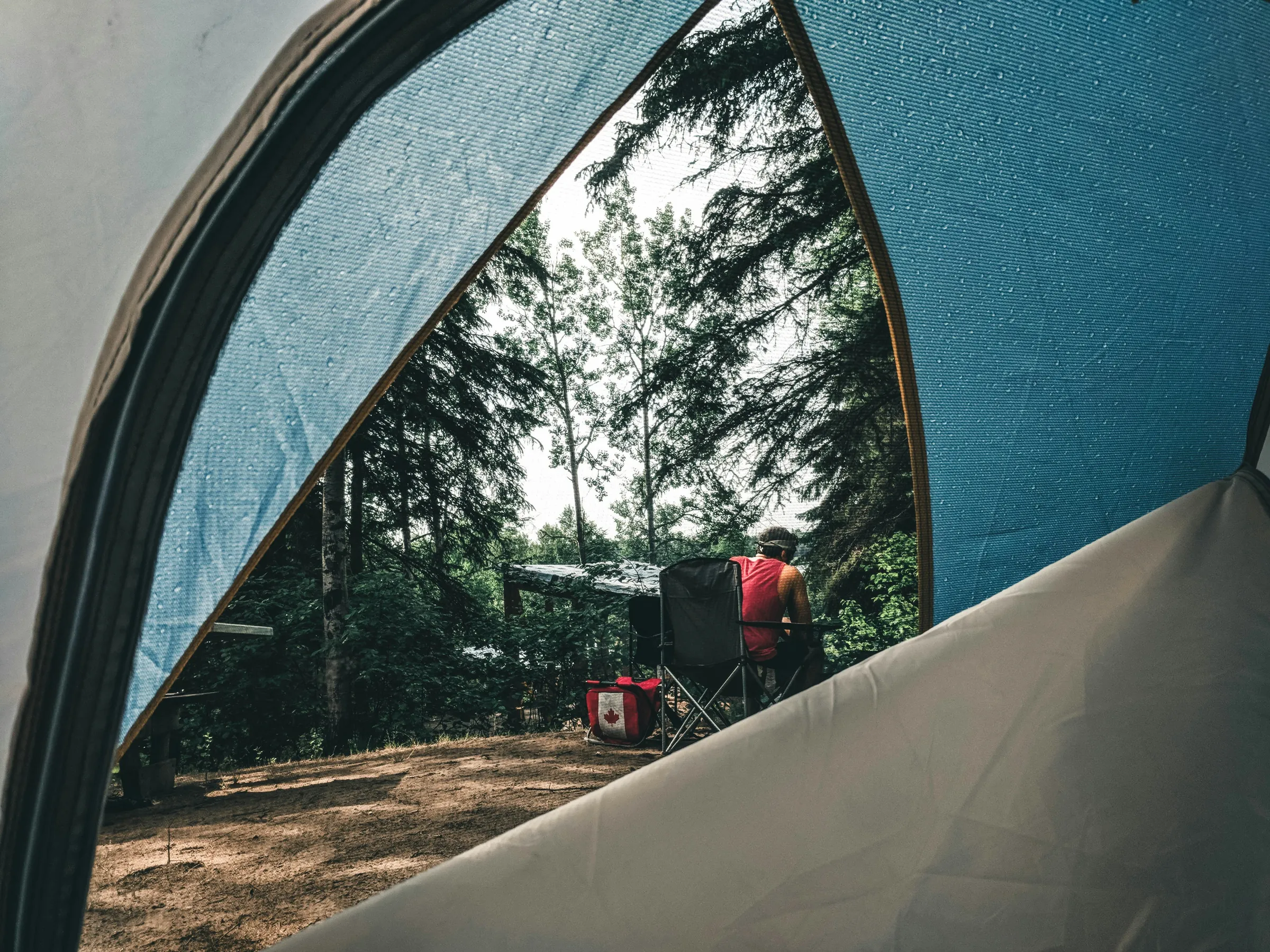 red car in a blue tent