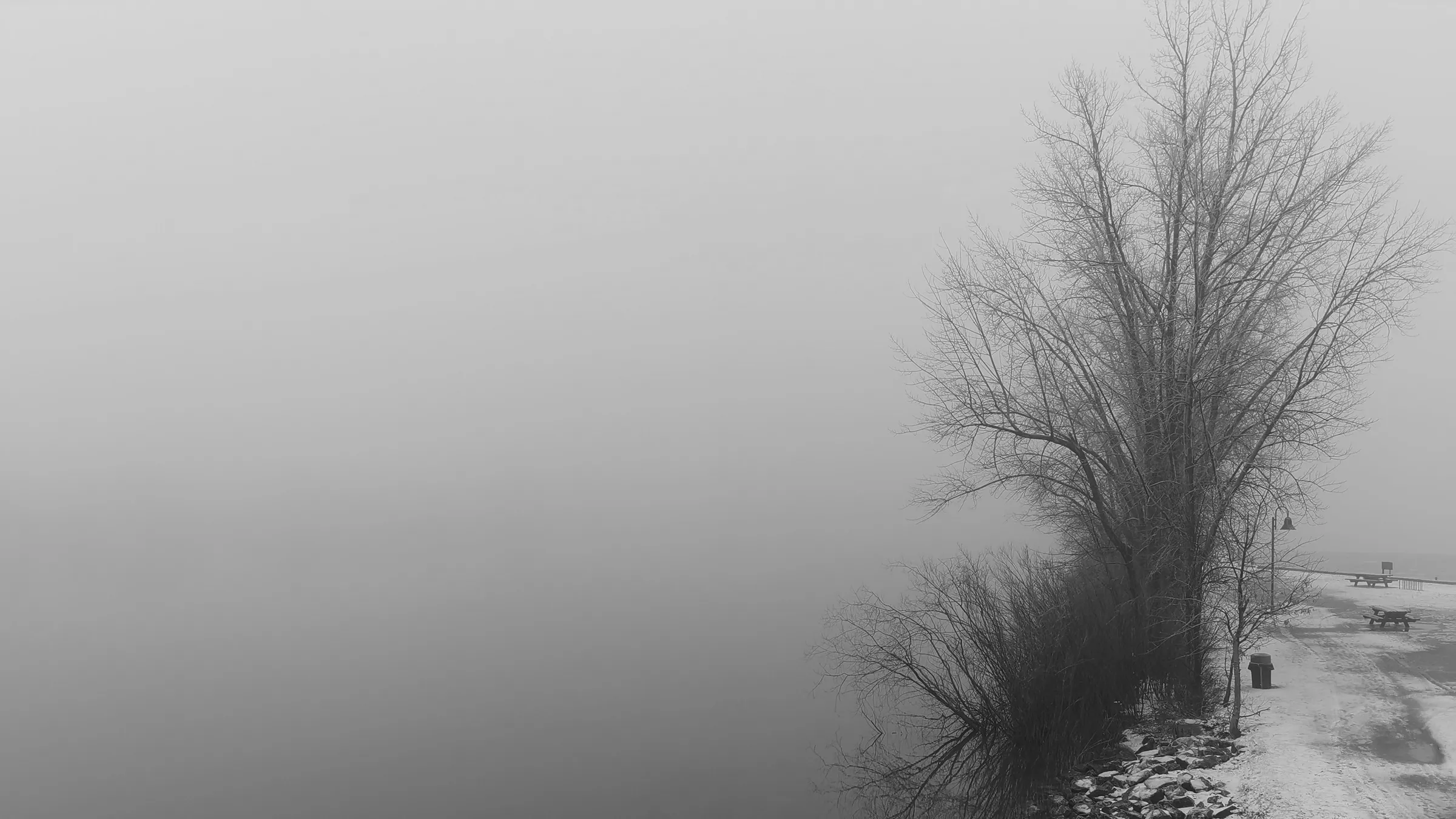 a black and white photo of a foggy road